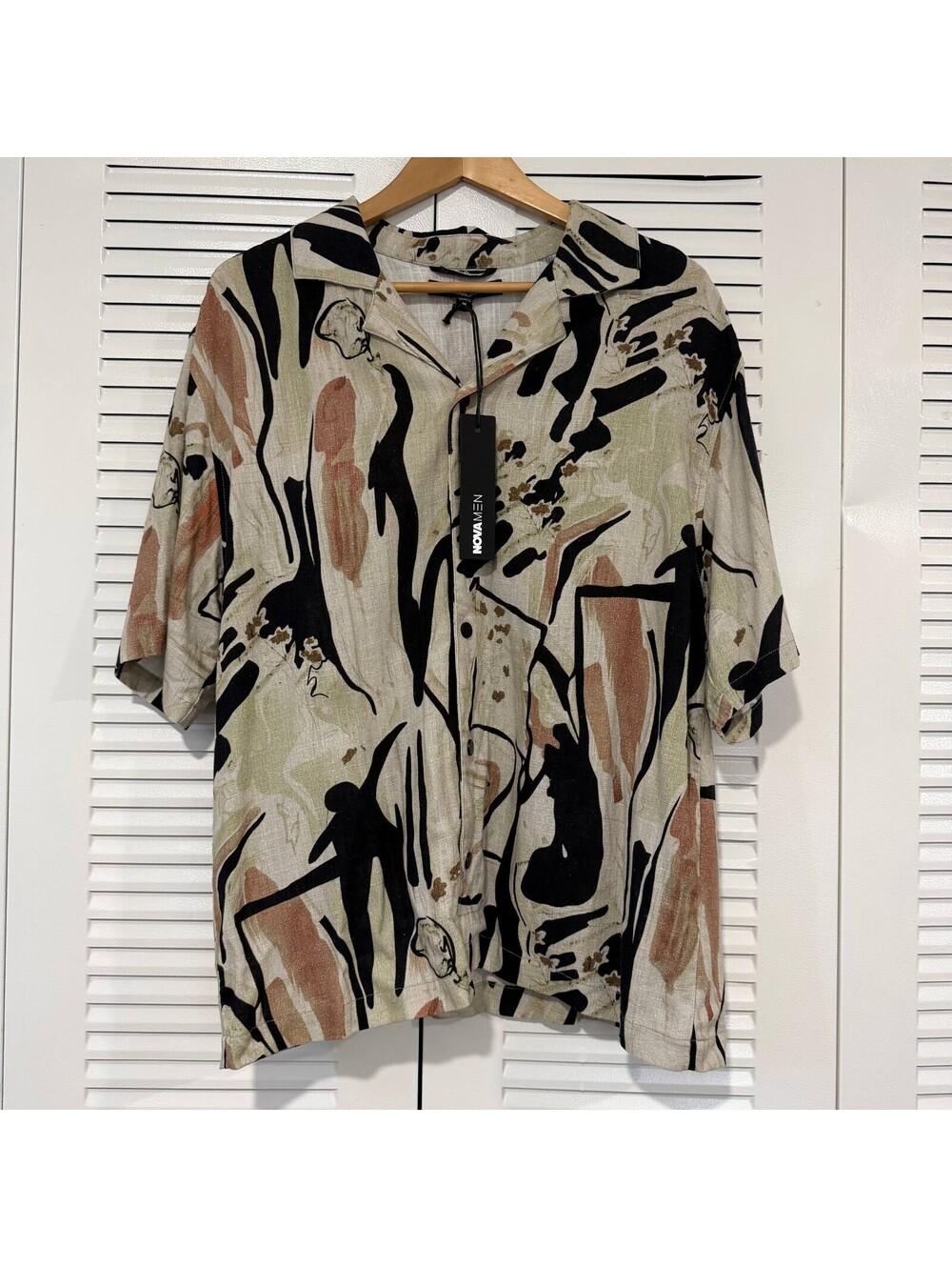 NOVA MEN Lascaux Shirt M Tan Multi Abstract Print Rayon Linen Button Up NWT